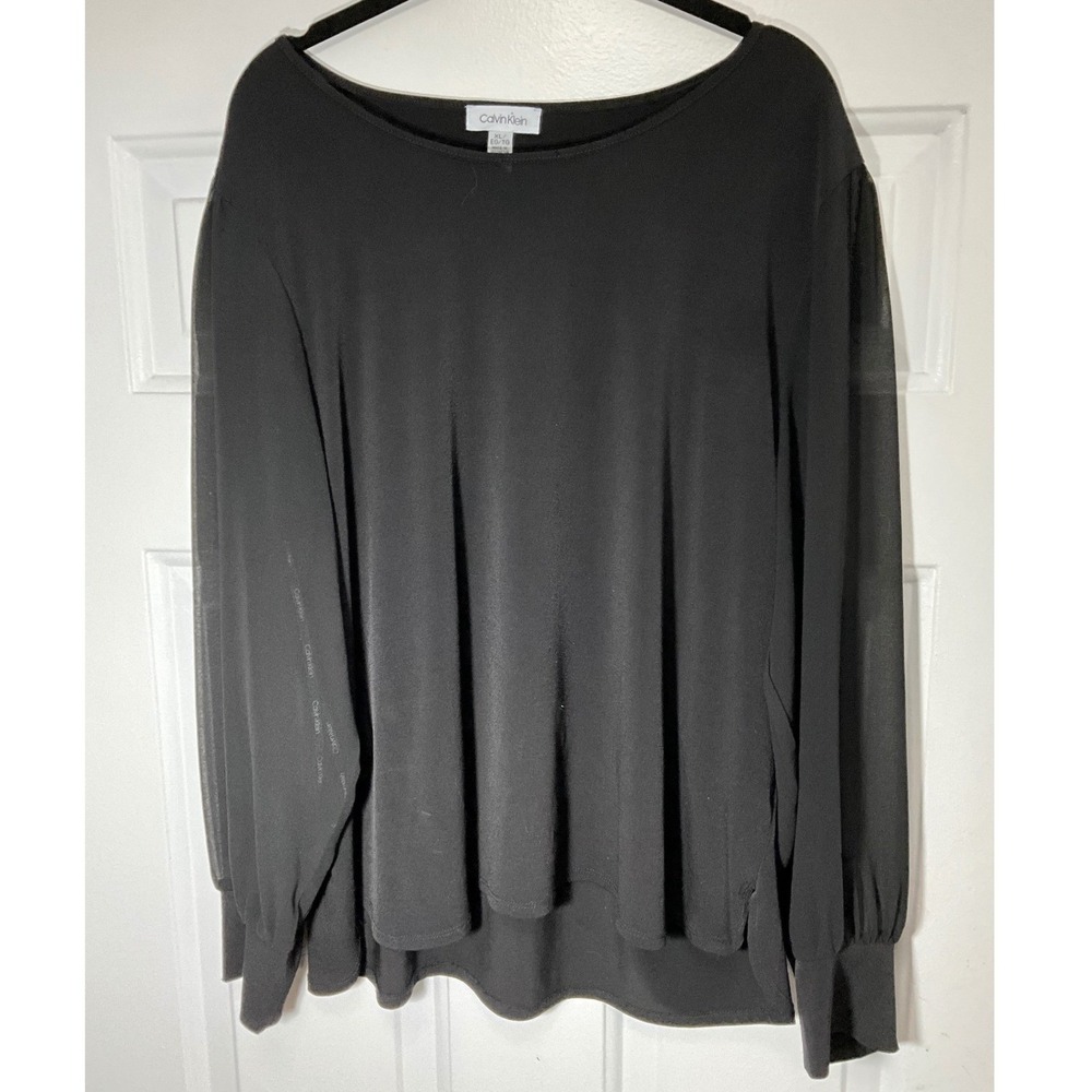Calvin Klein Womens XL Black Sheer Mesh Puff Sleeve Scoop Neck Top Blouse